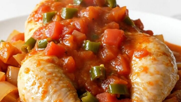 A top-down view of a slow cooker filled with chicken breasts, cubed sweet potatoes, red onion, and a rich tomato sauce.