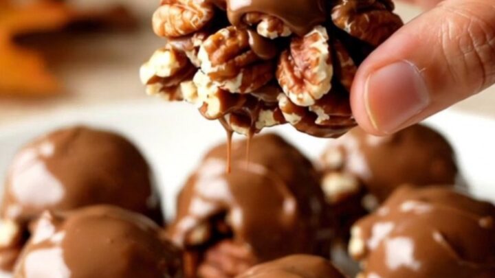 A close-up of finished Turtle Pecan Clusters showing the layered pecan, caramel, and chocolate on a white plate.
