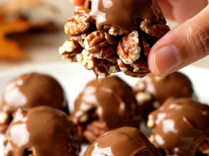 A close-up of finished Turtle Pecan Clusters showing the layered pecan, caramel, and chocolate on a white plate.