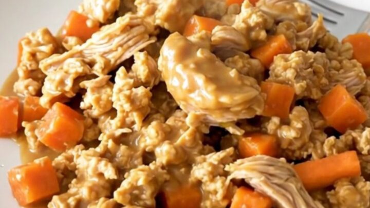 A top-down view of a slow cooker filled with ground turkey, shredded carrots, and creamy peanut sauce.