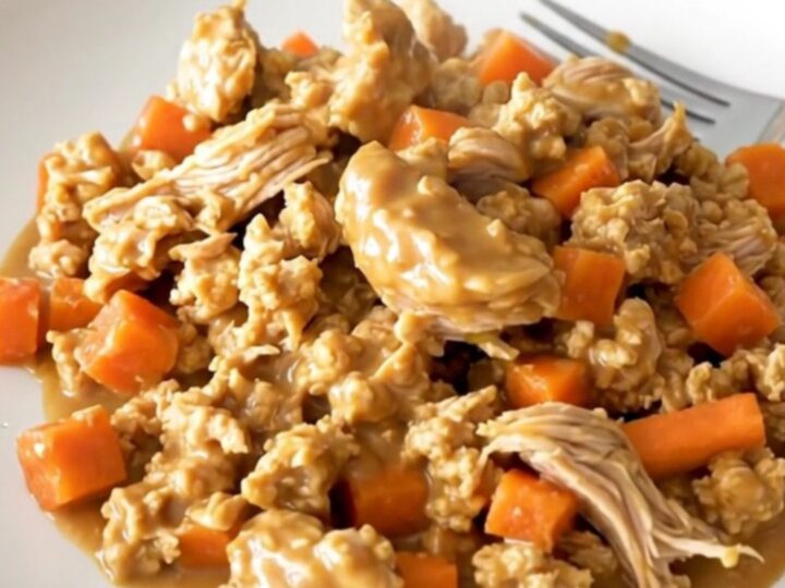 A top-down view of a slow cooker filled with ground turkey, shredded carrots, and creamy peanut sauce.