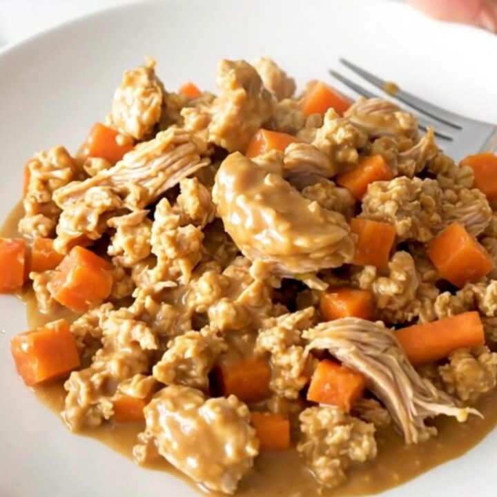 A top-down view of a slow cooker filled with ground turkey, shredded carrots, and creamy peanut sauce.