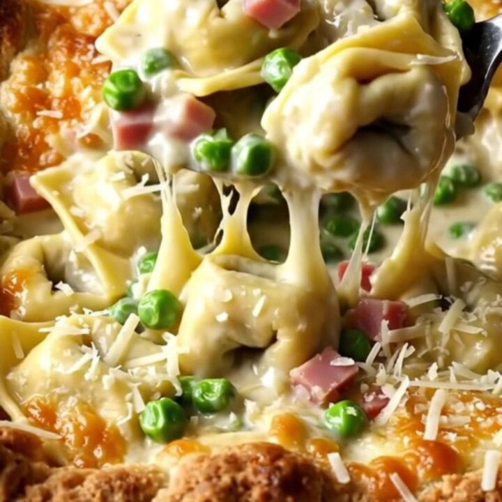 A top-down view of a creamy tortellini bake in a white ceramic dish, ready for the oven.