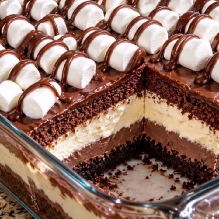 A glass casserole dish filled with layered crumb crust, pudding, cream, cake, and marshmallows drizzled with ganache.