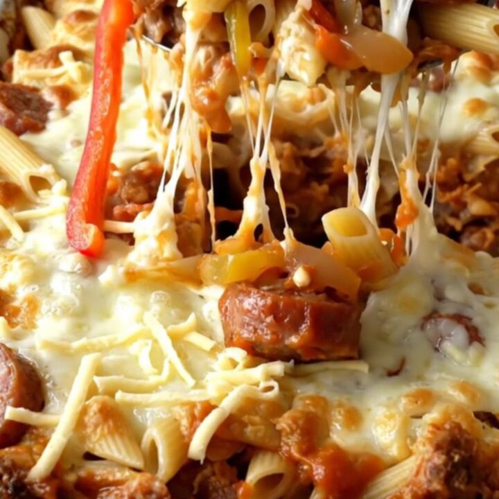 A top-down view of a ceramic baking dish filled with raw penne, sausage coins, bell peppers, and onions.