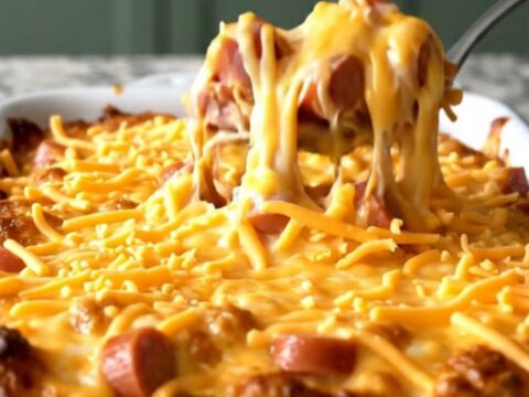 A top-down view of a rectangular baking dish filled with elbow macaroni, hot dog coins, and cheddar sauce.