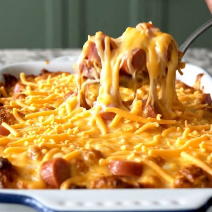A top-down view of a rectangular baking dish filled with elbow macaroni, hot dog coins, and cheddar sauce.