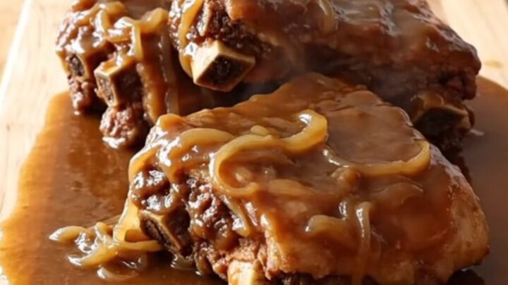 A rustic presentation of slow-cooked spareribs coated in a rich, thick brown onion gravy on a wooden board.