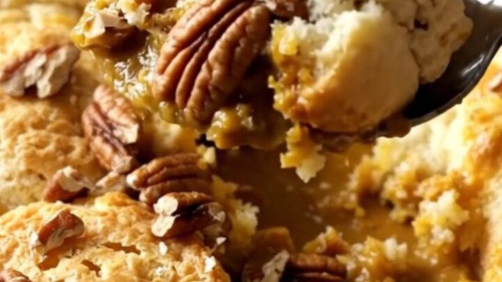 A warm pumpkin spice biscuit bubble bake in a ceramic dish, topped with crunchy pecans and golden-brown biscuits.
