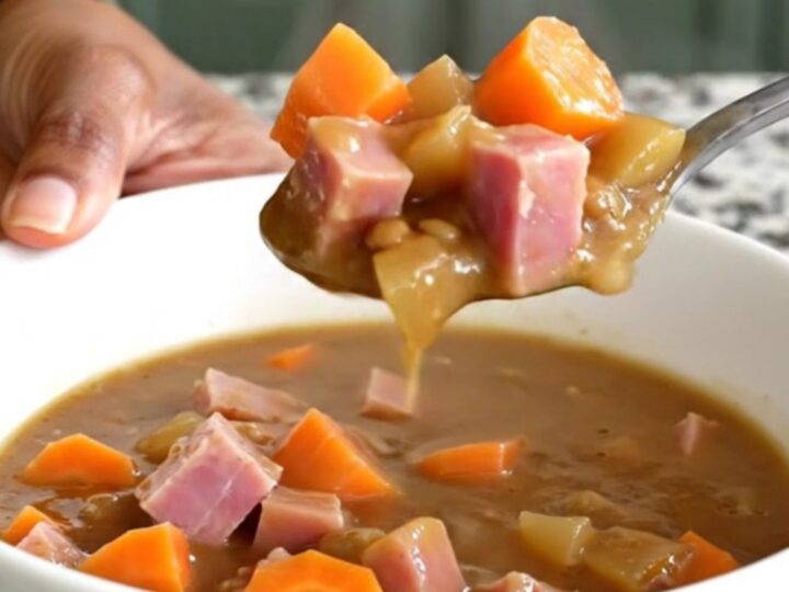 A rustic bowl of slow-cooked ham and lentil stew with vibrant carrots and fresh herbs, steaming in bright daylight.