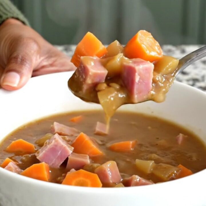 A rustic bowl of slow-cooked ham and lentil stew with vibrant carrots and fresh herbs, steaming in bright daylight.