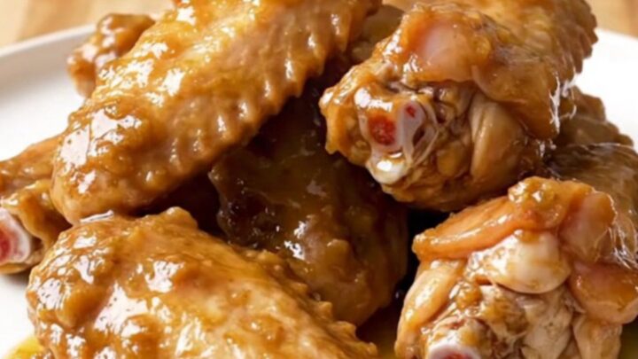 A close-up of tender, slow-cooked chicken wings coated in a rich, buttery, and spiced Chesapeake sauce on a white plate.