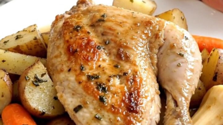 A black slow cooker filled with tender chicken breasts and chunks of carrots, parsnips, and potatoes.