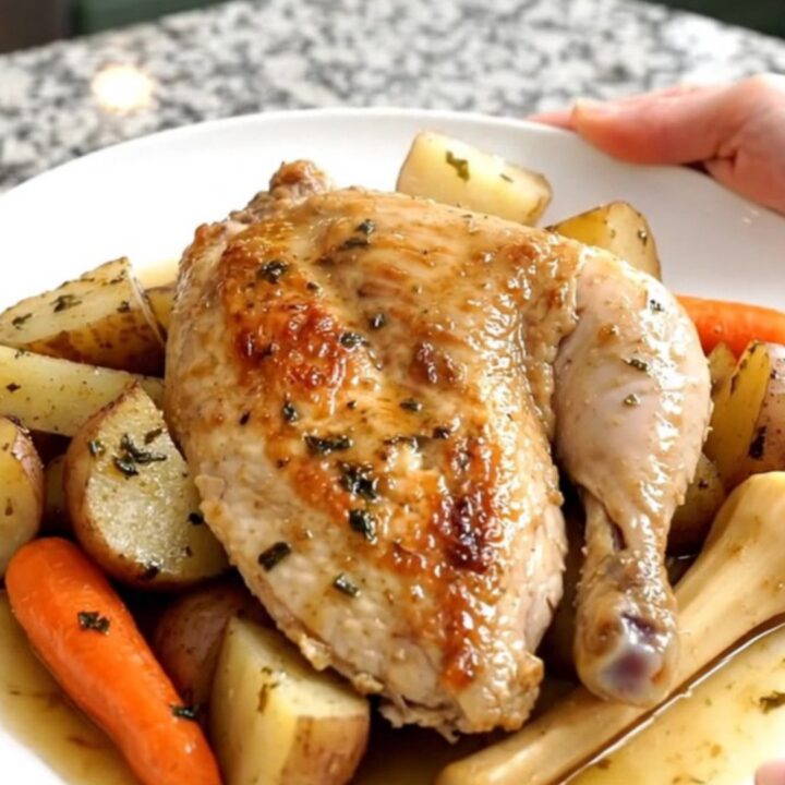 A black slow cooker filled with tender chicken breasts and chunks of carrots, parsnips, and potatoes.