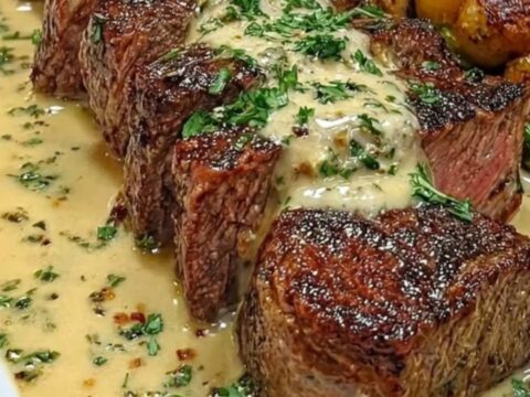 A beautifully seared steak drizzled with a creamy garlic herb sauce on a white plate.