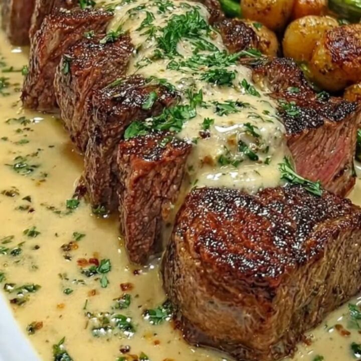 A beautifully seared steak drizzled with a creamy garlic herb sauce on a white plate.