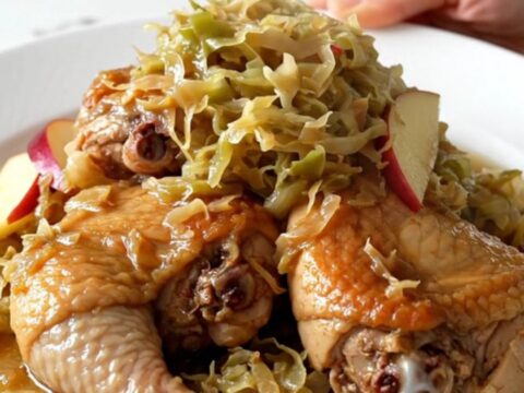 A close-up of bone-in chicken thighs braised with sauerkraut and apple slices on a white plate.