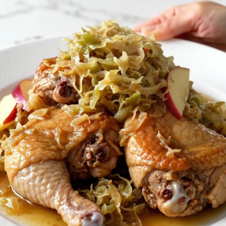 A close-up of bone-in chicken thighs braised with sauerkraut and apple slices on a white plate.