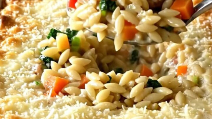 A rectangular baking dish filled with a golden, cheesy Italian wedding orzo bake on a speckled granite countertop.
