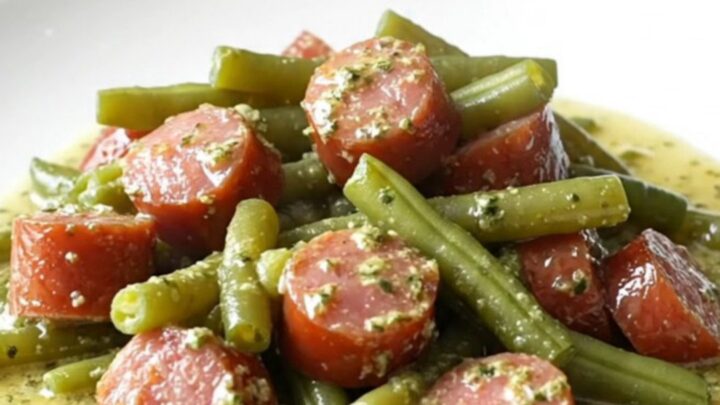 Slow cooker filled with sliced kielbasa and green beans in a creamy sauce.
