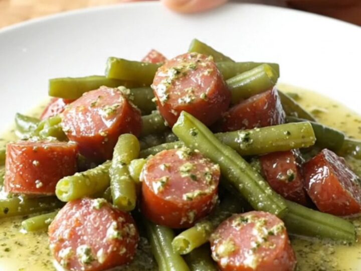 Slow cooker filled with sliced kielbasa and green beans in a creamy sauce.