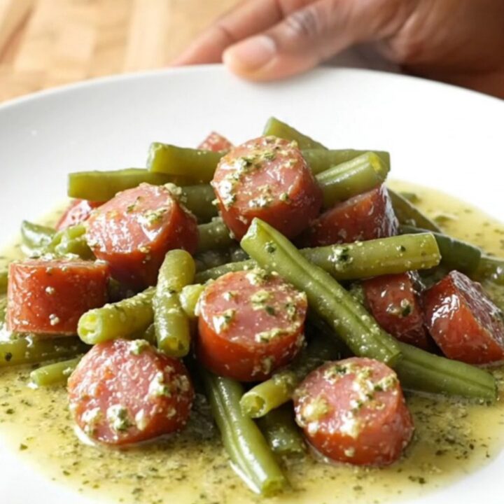 Slow cooker filled with sliced kielbasa and green beans in a creamy sauce.