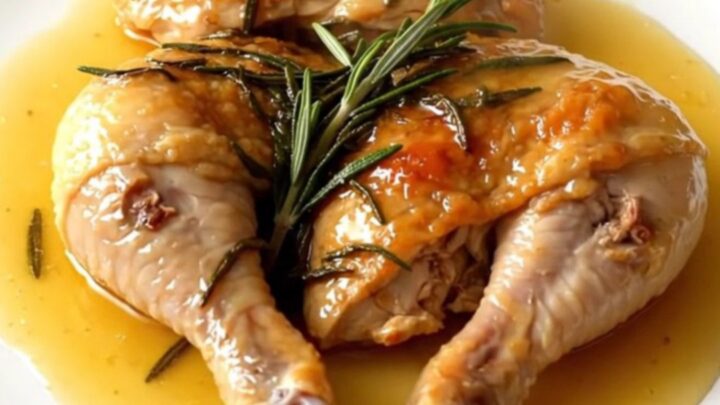 Slow cooker honey rosemary chicken leg quarters served on a white plate with a glossy glaze.