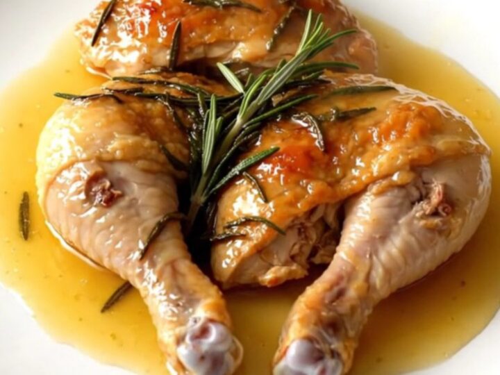 Slow cooker honey rosemary chicken leg quarters served on a white plate with a glossy glaze.