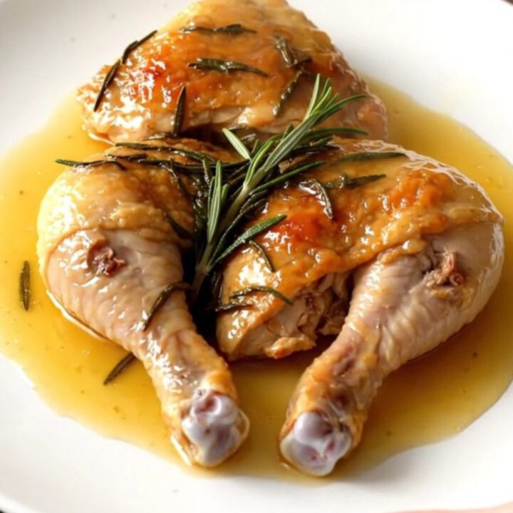 Slow cooker honey rosemary chicken leg quarters served on a white plate with a glossy glaze.