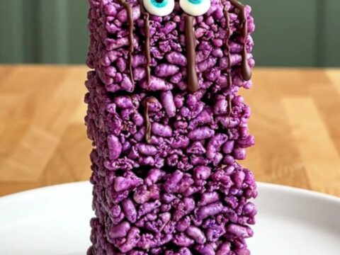 A top-down view of purple crispy rice squares on a parchment-lined baking sheet