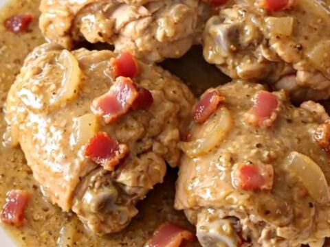 A high-angle shot of tender chicken thighs in a creamy bacon and onion gravy inside a slow cooker.