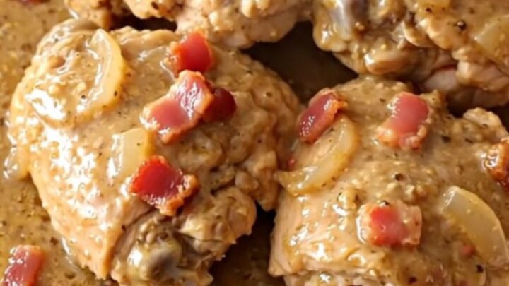 A high-angle shot of tender chicken thighs in a creamy bacon and onion gravy inside a slow cooker.