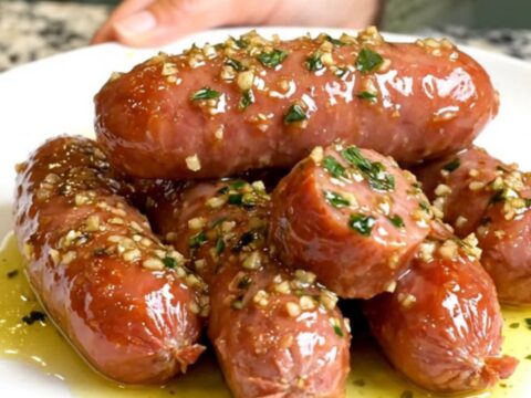 A black slow cooker filled with sliced kielbasa coins coated in a glistening garlic butter sauce.