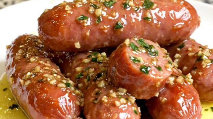 A black slow cooker filled with sliced kielbasa coins coated in a glistening garlic butter sauce.