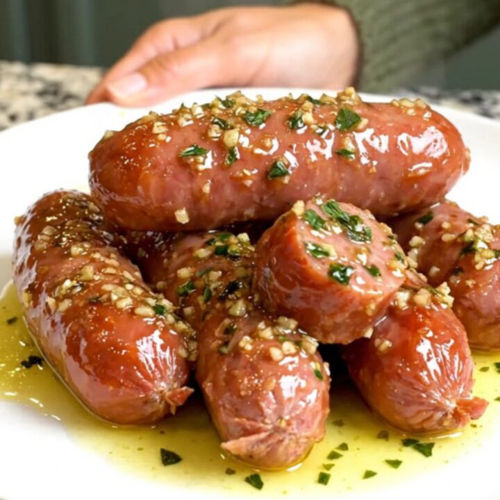 A black slow cooker filled with sliced kielbasa coins coated in a glistening garlic butter sauce.