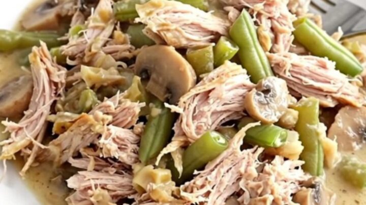 A close-up of the finished turkey and green bean casserole in a slow cooker insert.