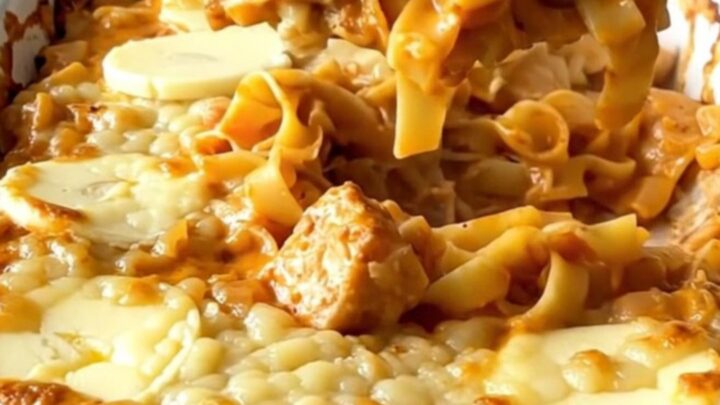 A top-down view of a rectangular baking dish filled with raw chicken and dry noodles, ready to be prepared.