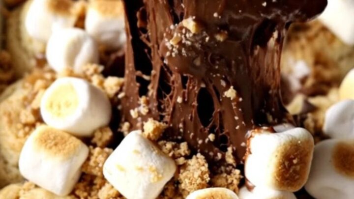A warm, golden-brown S'mores Biscuit Bake in a rectangular ceramic dish, topped with toasted marshmallows.
