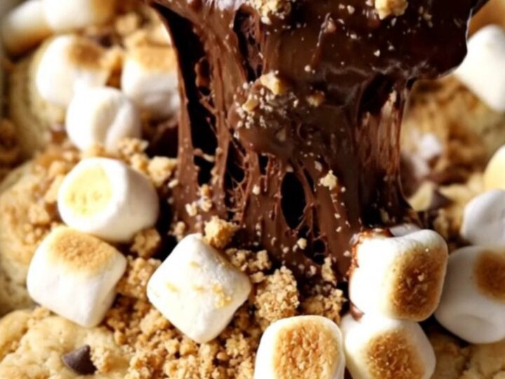 A warm, golden-brown S'mores Biscuit Bake in a rectangular ceramic dish, topped with toasted marshmallows.