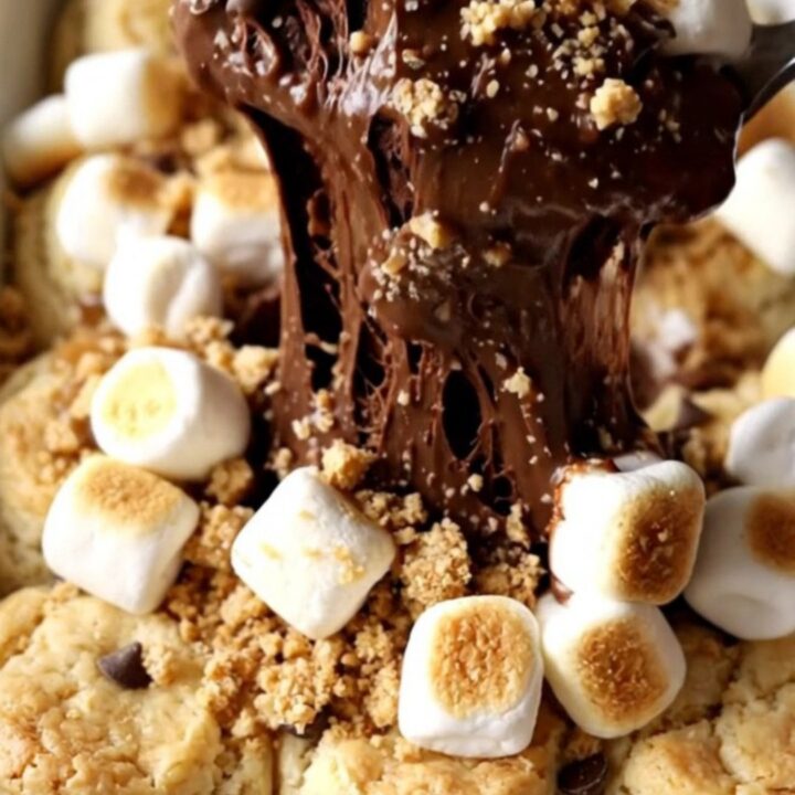 A warm, golden-brown S'mores Biscuit Bake in a rectangular ceramic dish, topped with toasted marshmallows.