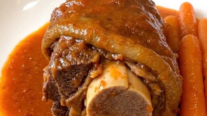 A close-up of a slow-cooked beef shank with a marrow bone, served in a rich tomato gravy on a white plate.