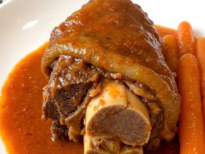A close-up of a slow-cooked beef shank with a marrow bone, served in a rich tomato gravy on a white plate.