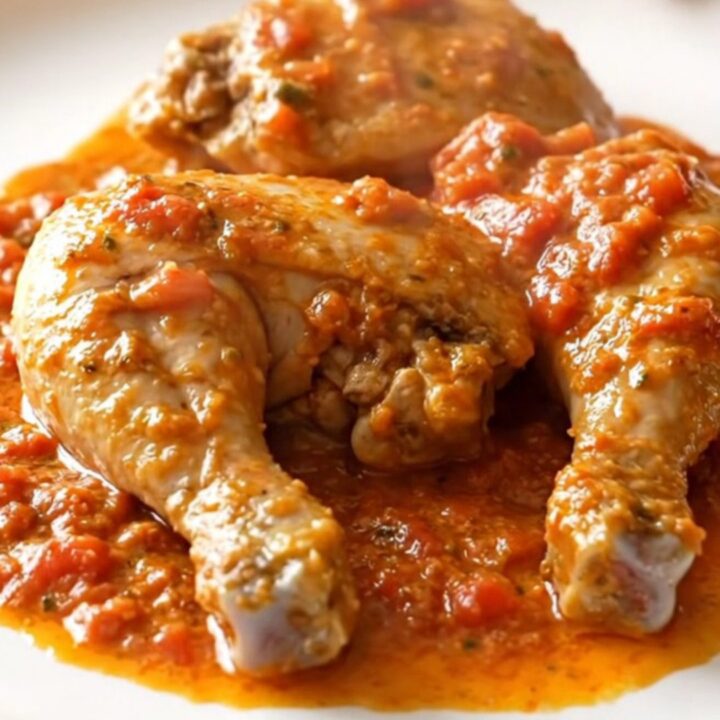 Close-up of creamy tomato feta chicken served in a black slow cooker with a spoon lifting a piece of chicken.