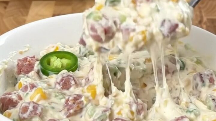 A stainless steel slow cooker filled with a creamy dip featuring sausage, corn, and jalapenos.