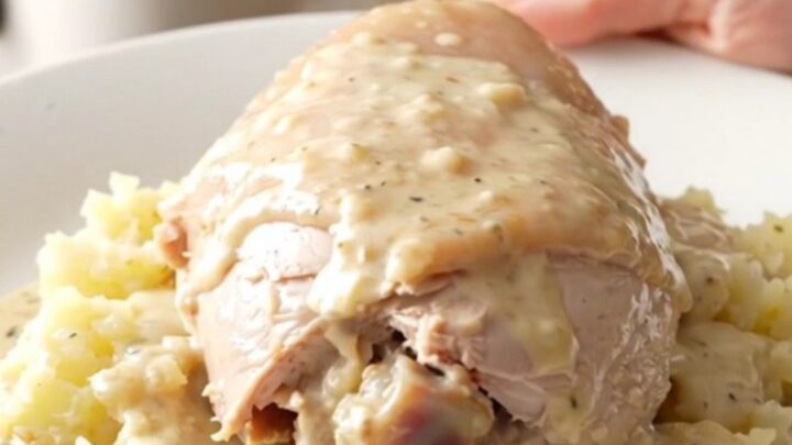 A slow cooker filled with turkey tenderloins, sliced potatoes, and onions in a creamy sauce.