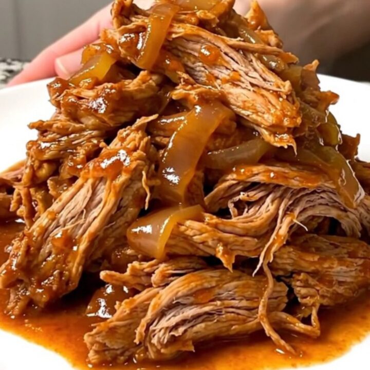 A close-up view of tender, shredded pork tinga in a rich, smoky red sauce on a white plate.