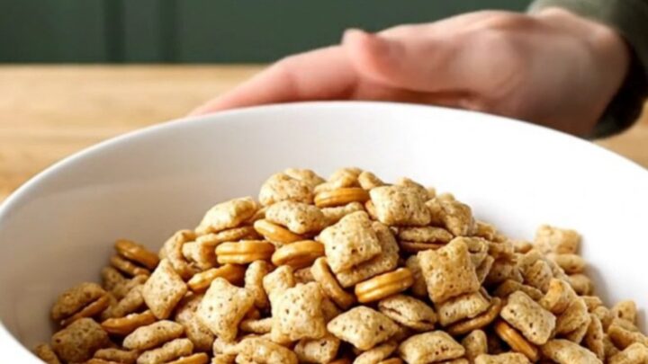 A stainless steel slow cooker filled with a golden, toasted mixture of cereal, pretzels, and peanuts.