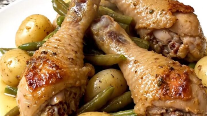 A rustic arrangement of braised chicken drumsticks, green beans, and baby potatoes in a slow cooker.