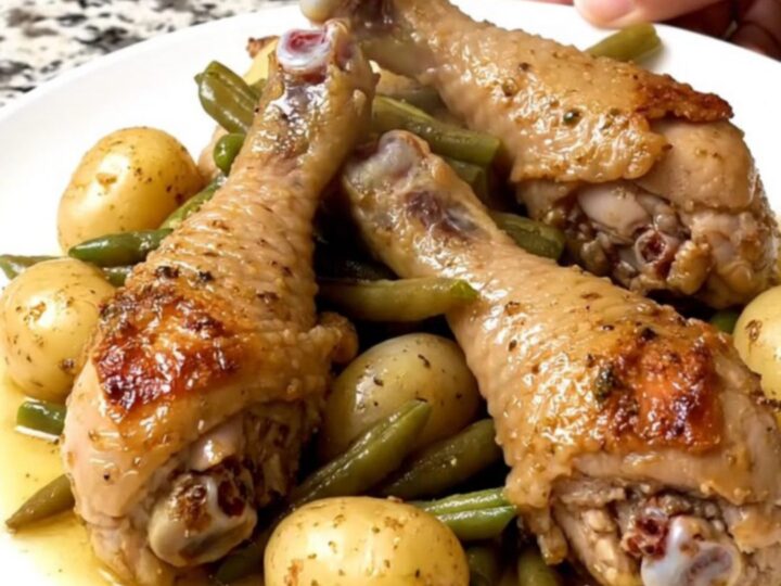 A rustic arrangement of braised chicken drumsticks, green beans, and baby potatoes in a slow cooker.