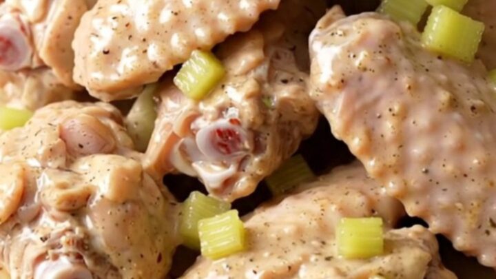 A close-up view of creamy, slow-cooked turkey wings with Cajun sauce in a slow cooker.